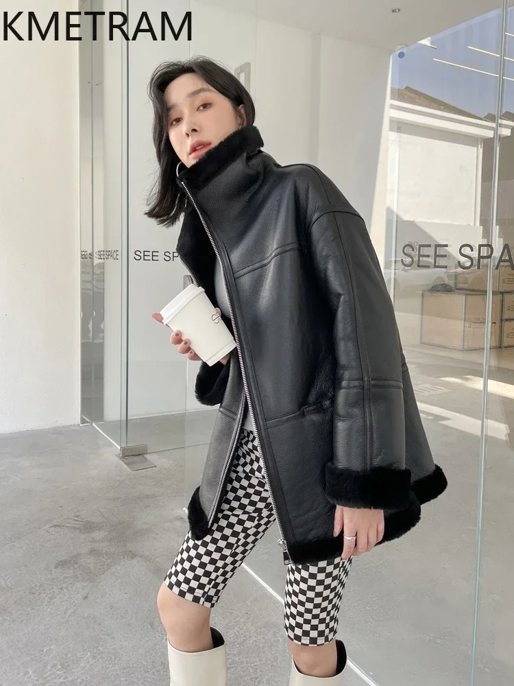 Пальто из натуральной мериносовой шерсти женская одежда зимняя байкерская