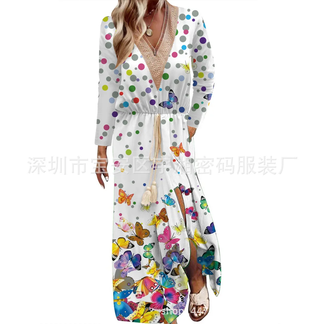 

Женское кружевное платье макси с принтом, элегантное осеннее платье с длинным рукавом, карманами и разрезом спереди, 2023