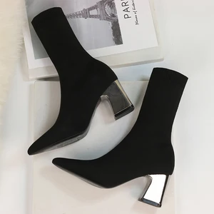Image for 2021 Point Toe Chunky Heeled Women Sock Boots Slip 