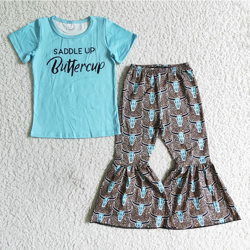 

Wholesale kids fall clothing letter blue short sleeve cow head bell bottoms girl clothes teen girls clothing sets