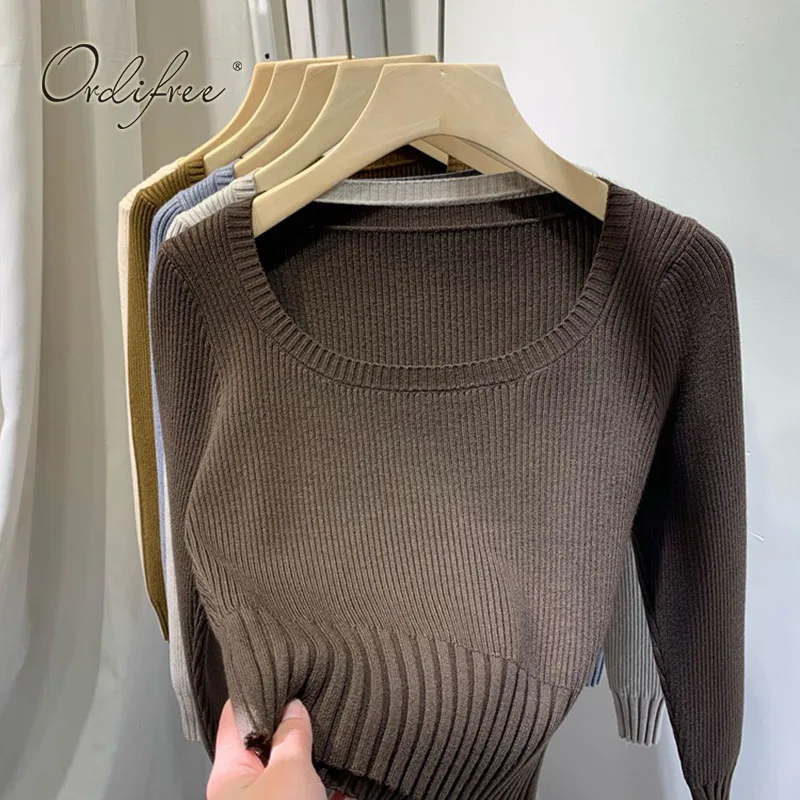 Женский трикотажный пуловер Ordifree короткий базовый свитер с длинным рукавом