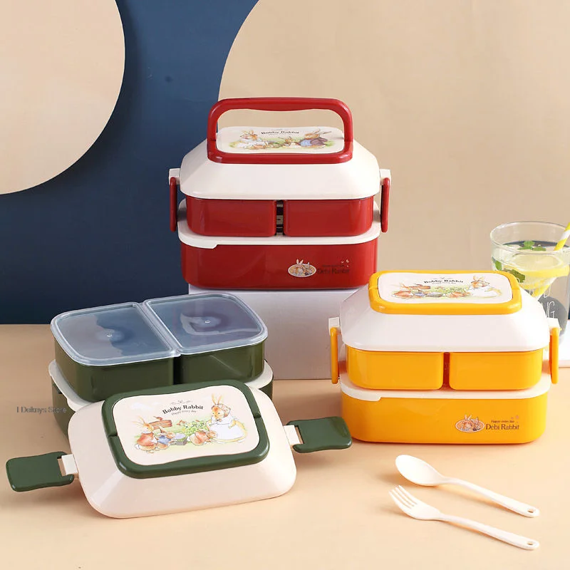 

1.5l Retro Cute Lunch Box Japanese Style Double-layer Three Grid Microwave Oven With Tableware Portable Kids Bento Lunch Box