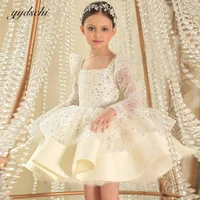 shiny ivory flower girl dresses for weddings sequin baby prom gowns square puffy dresses for girls kids birthday first communion