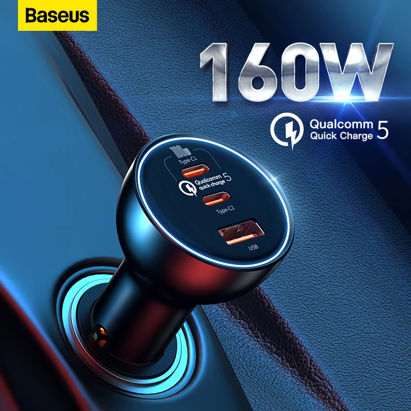  Baseus 160W Car Charger QC 5.0 Fast Quick Charging PPS PD3.0 USB Type C Car Phone Charge For iPhone 14 13 12 Pro Laptops Tablets 