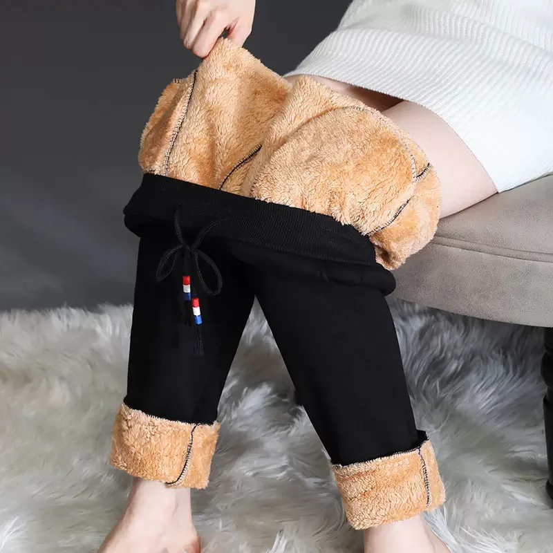 

Высококачественные женские зимние плотные кашемировые брюки из овечьей шкуры, теплые модные леггинсы, эластичные черные брюки, облегающие ...
