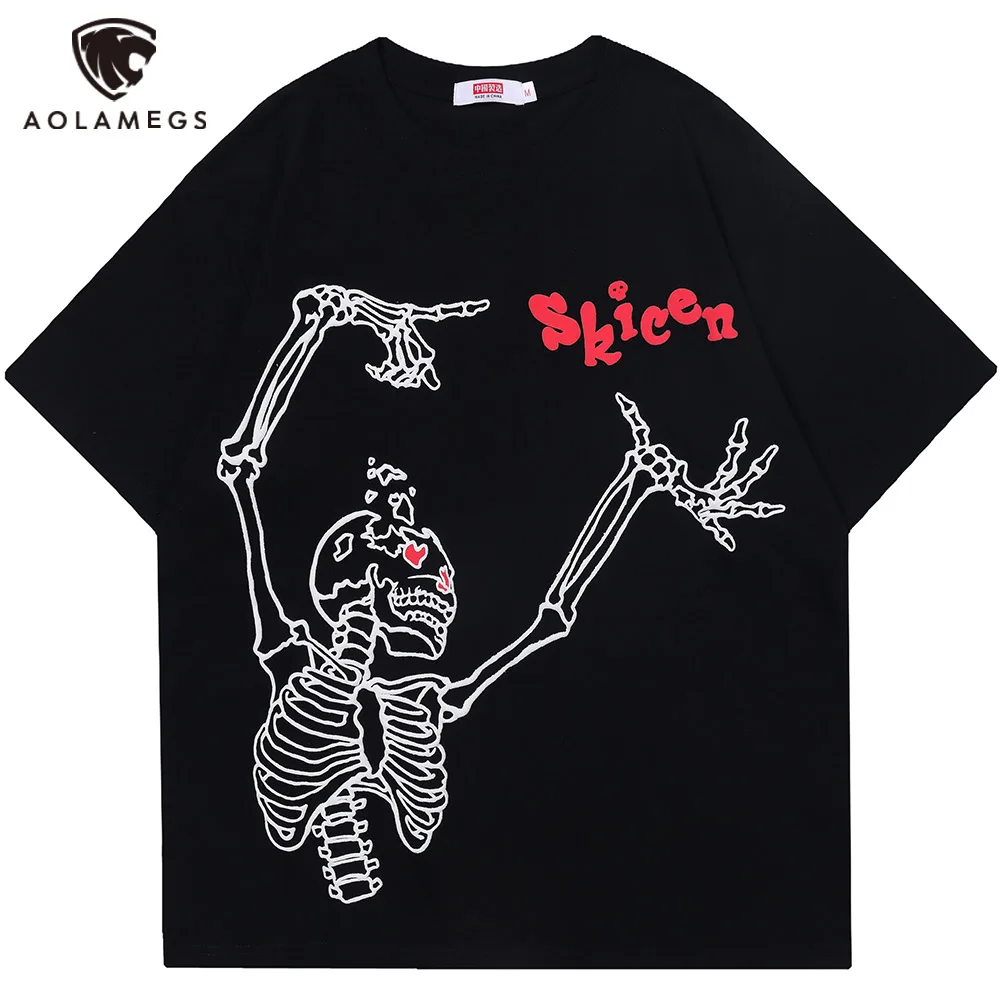 

Aolamegs Men Funny Skull Skeleton Printed Gothic Oversized T-shirt Punk Hip Hop Fashion Tops Summer Casual Couple Tee Streetwear