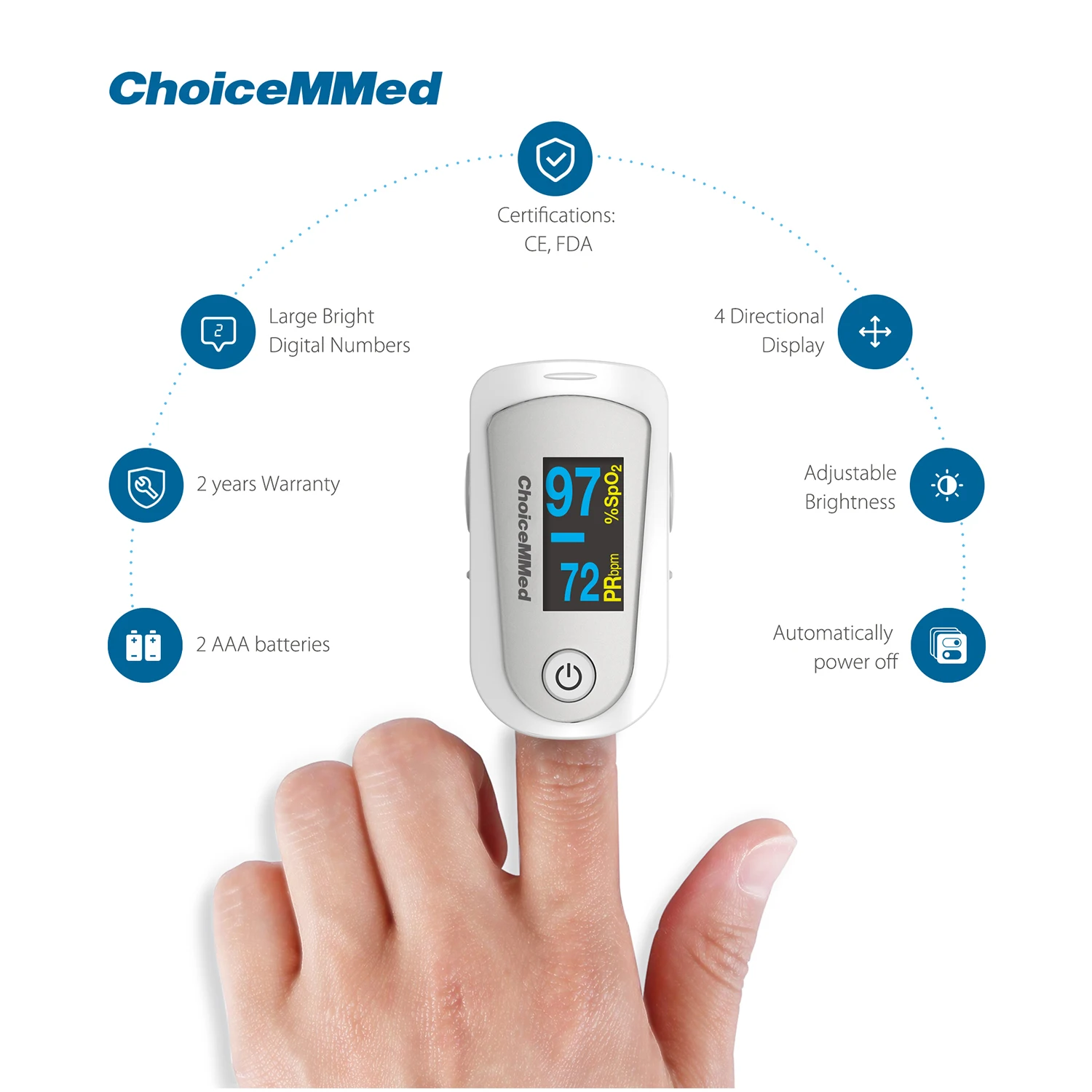 Фото Пальчиковый Пульсоксиметр CHOICEMMED MD300C23 с OLED цифровым монитором насыщения крови кислородом SPO2 пульсометр Пульсоксиметр №3