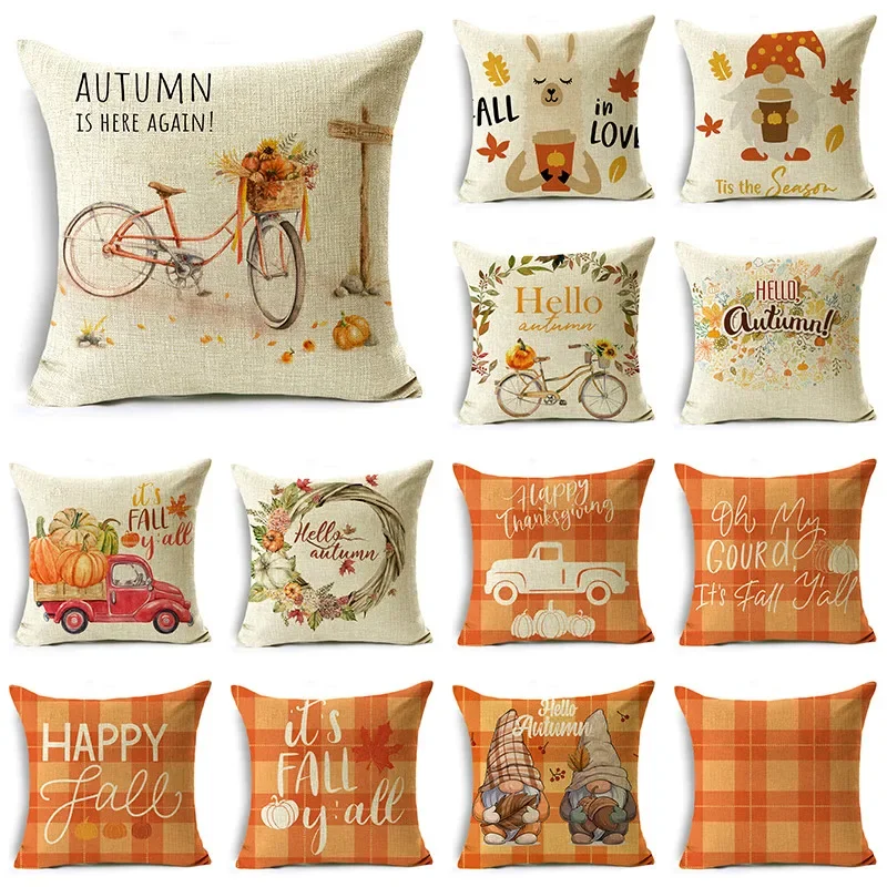 

Fall Pillowcase Autumn Decorations Throw Sunflower Pumpkin Grateful Farmhouse Linen Cushion Cover 40cm/45cm and 50cm