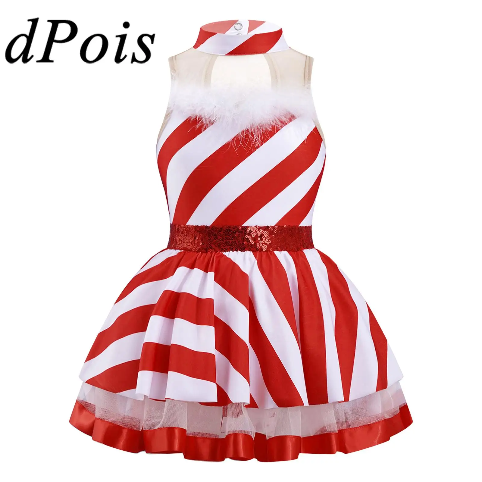 

Girls Christmas Red Dress Kids Xmas Santa Dance Costume Sleeveless Keyhole Back Mesh Striped Ballet Dress Gymnastics Leotard