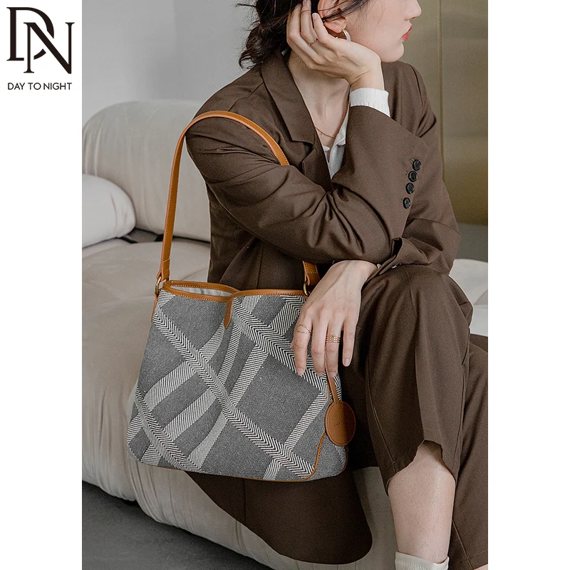 

DN Canvas Printing Women's Bucket Tote Bag Ladies Shoulder Bags Underarm Handbags Woven Fashion Panelled Design Shopper Bag 2022