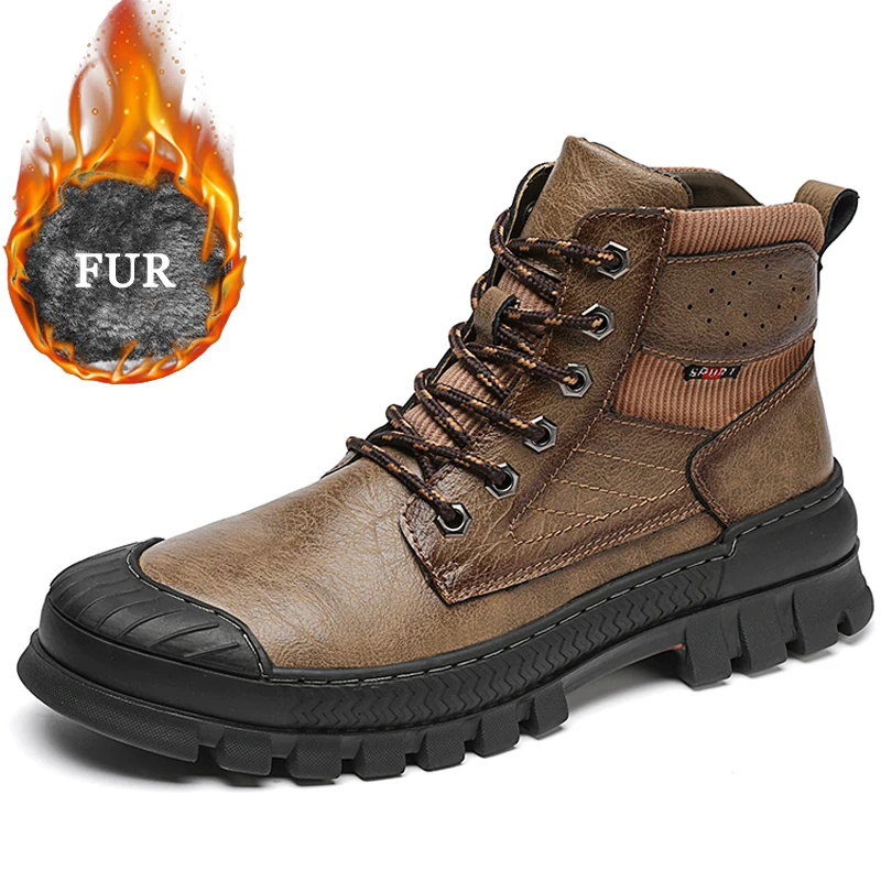 Genuine Leather Men Boots Winter Fur 