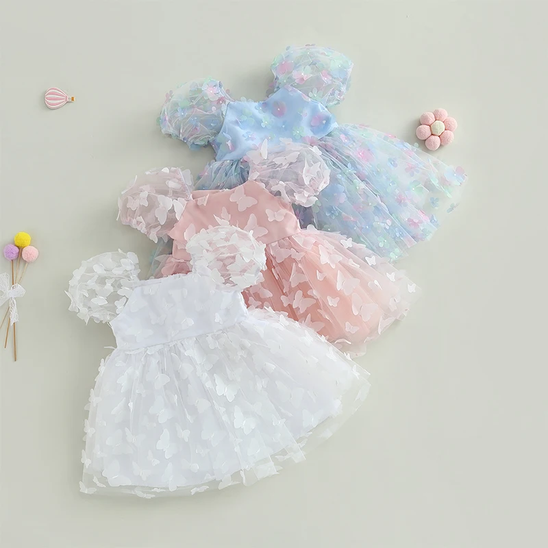 

1-6Y Baby Girls Princess A-Line Dress Puff Sleeve Tulle Layered Dress 3D Flower Butterfly Print Party Birthday Christening Dress