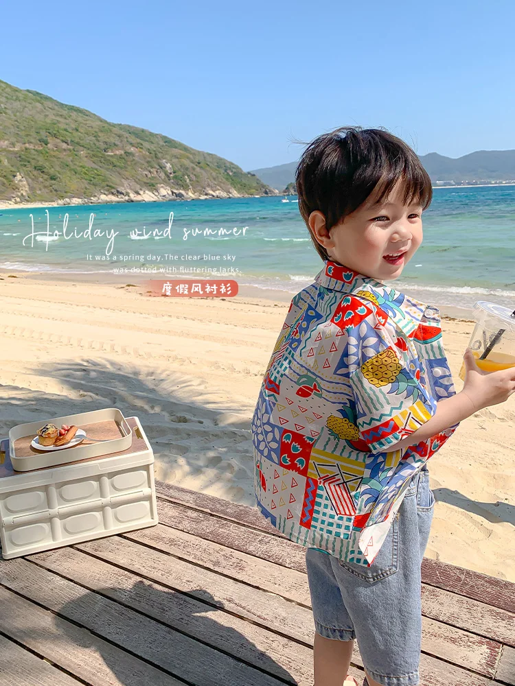 

Boy's Short-Sleeved Shirt 2022 New Summer Children's Flower Shirt Thin Baby Summer Clothing Pure Cotton Kids' Tops Tide