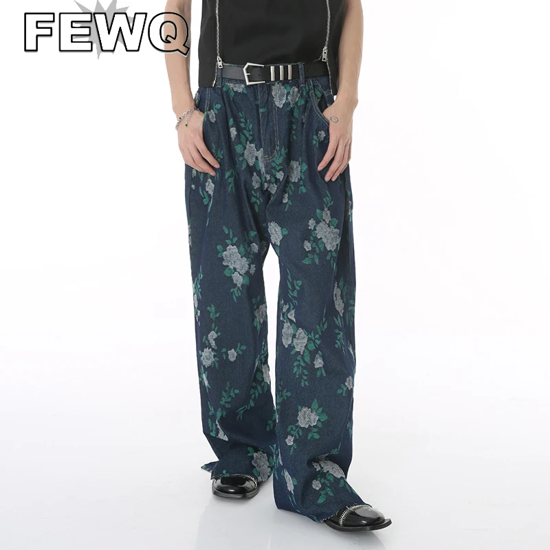

FEWQ Men Vintage Printing Jeans Summer Loose Trendy Personality Flowers Casual Pants Fashion Tie Dyed Denim Straight Pants 9C745
