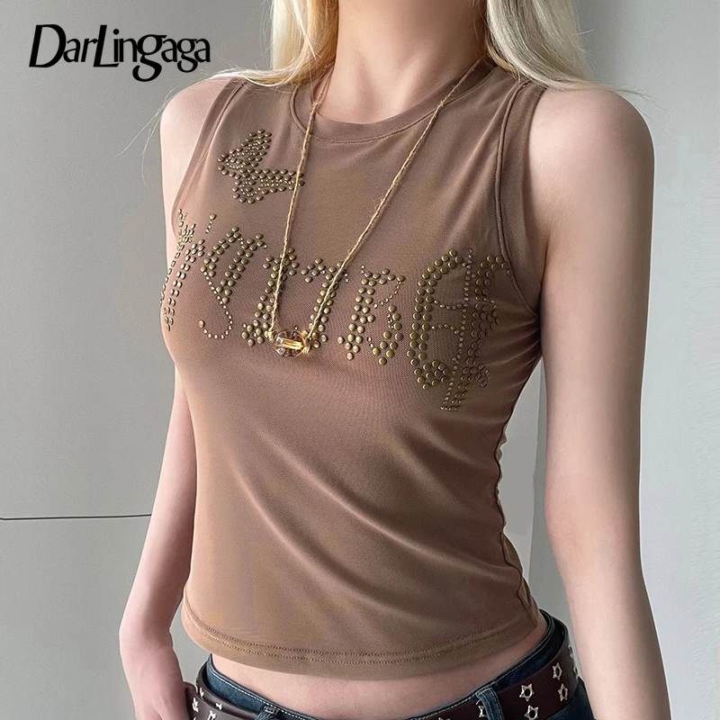 

Darlingaga Vintage Grunge Rhinestone Y2K Mesh Top Vest Sleeveless 90s Fairycore Tanks Transparent Summer Crop Tops Women Outfits