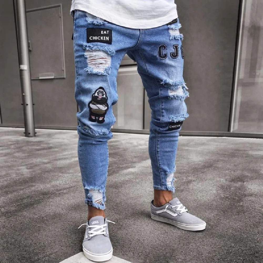 New Brand Men's Fashion Split Jeans Tight Straight Striped Denim Pants Summer Men's Perforated Tights Casual Street Apparel