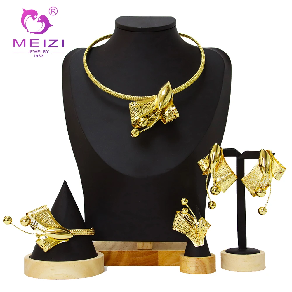 Dubai Original  24k Gold Big Pendant Necklace Bracelet Ring Earrings Jewerly Set For Women Wedding Banquet Parties Accessories