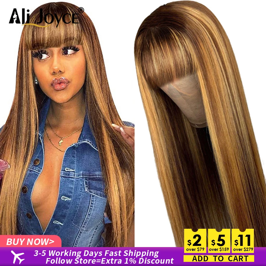 Ombre Human Hair Wigs With Bang 13x4 Brazillian Machine Made Honey Blond Straight Highlight Wig Glueless Straight Wigs For Women