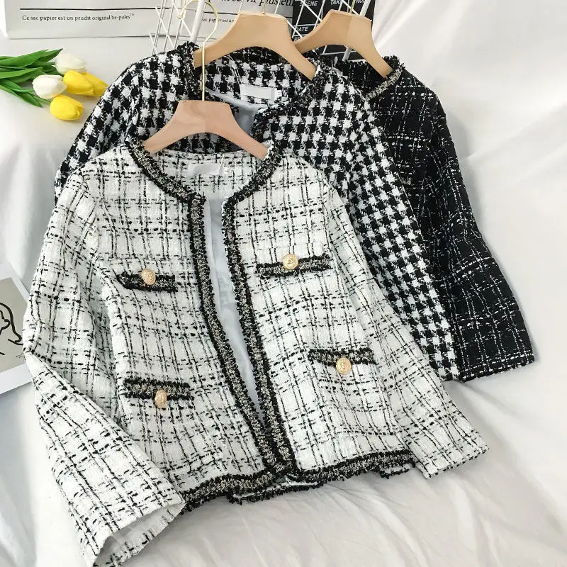

Small Fragrance Tweed Retro Hong Kong Flavor Coat Women's Spring and Autumn Jacket