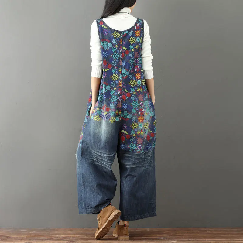 Printed Denim Pants Wide Leg Strap Trousers Women's Clothing 2023 New Worn White Broken Holes Jeans Japanese Korean Leisure