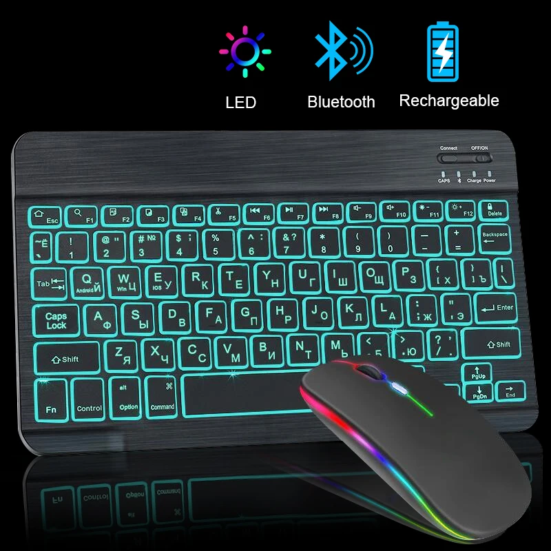 Teclado y ratón RGB con Bluetooth, recargable, inalámbrico, ruso, español, coreano, retroiluminado, para iPad, Android, IOS, Windows, tableta, portátil