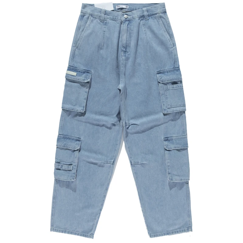 Japanese Retro Men's High Street Original Multi Pocket Overalls Light Blue Washed Worn Loose Straight Long Jeans Men