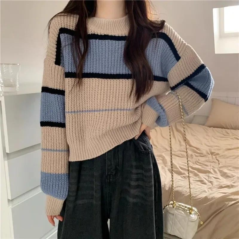 Осень/зима новый полосатый вязаный пуловер свитер для женщин свободный крой