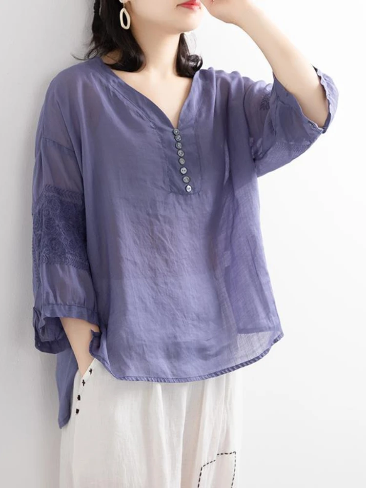 

100% Cotton Tunic Women Embroidery Blouse High Quality V Neck Ladies Tops Casual Tee Shirt Solid Color 3/4 Sleeve Blouses 2022