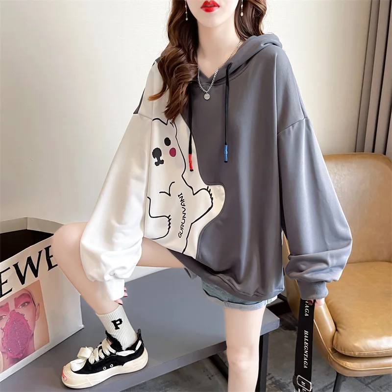 Wei Yi women's spring and autumn long hooded contrast color design cartoon printed coat coat