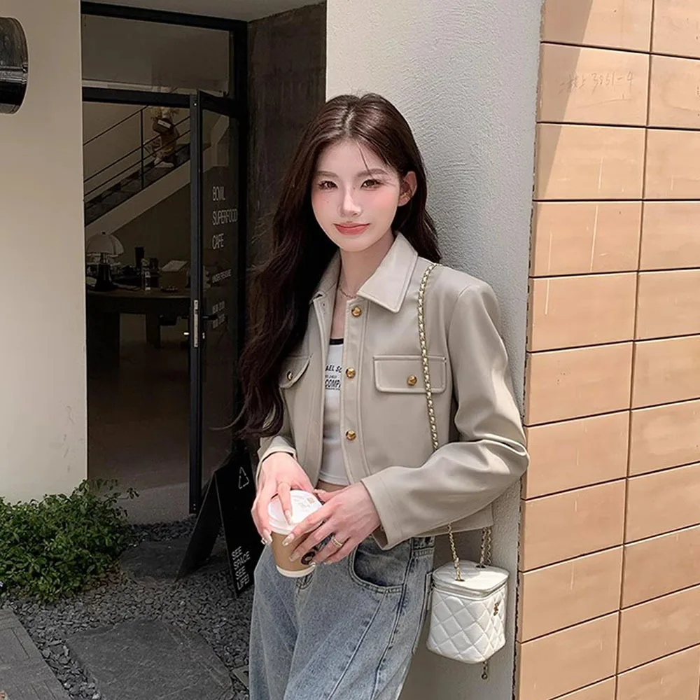 Корейский Элегантный женский жакет из искусственной кожи черный укороченный Топ