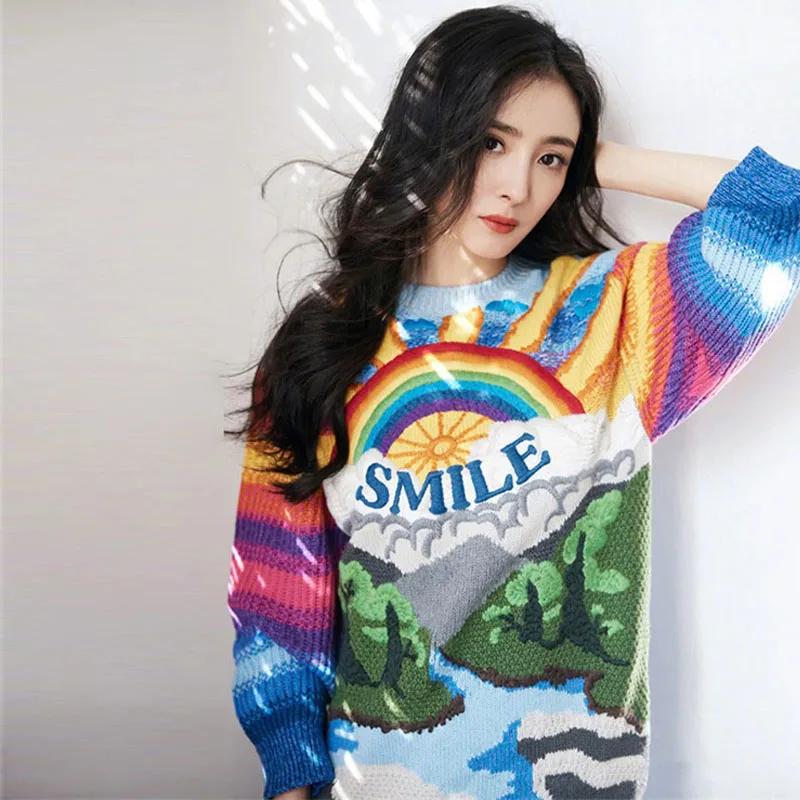 

Oversize Rainbow Colorful Striped Embroidered Women Sweater Pullovers Letters Knitted Loose Casual Designer Streetwear Tops