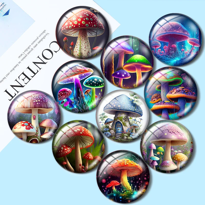 Новый дизайн, круглые стеклянные кабошоны с рисунком грибов Sewant, 10 шт., 12 мм/16 мм/18 мм/25 мм, фурнитура для демонстрации плоской задней поверхности