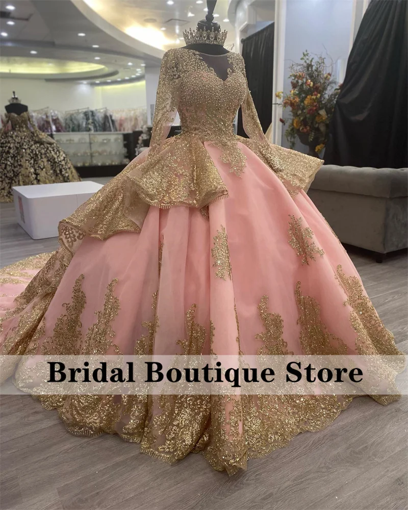 Pink Mexican Princess Quinceanera Dress 2022 Long Sleeves Sequin Applique Pearls Cinderella Sweet 16 Dress Vestidos De 15 Años