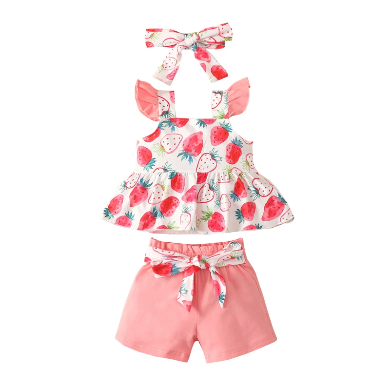 Newborn Baby Girls Clothing 3-24 Months Summer Infants Flying Sleeve Shoulder Strap Tops Short Trousers And Headband 3Pcs Set