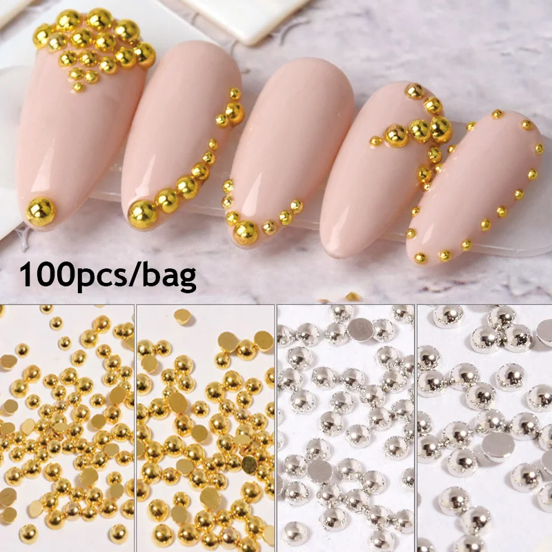 

1bag Metallic Beads Nail Art Decorations 3D Nail Rivet Metal Studs Gold Silver Solid Semicircle DIY Punk Style Manicure