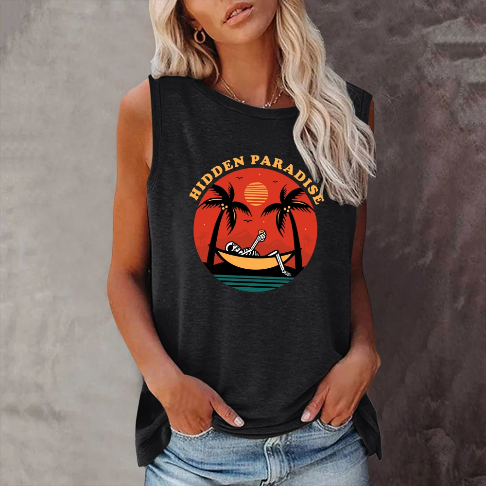 

Seeyoushy Hidden Paradise Funny Skulls Print Summer T Shirt Women O Neck New Loose Tee Shirt Harajuku Sleeveless Tops Clothes