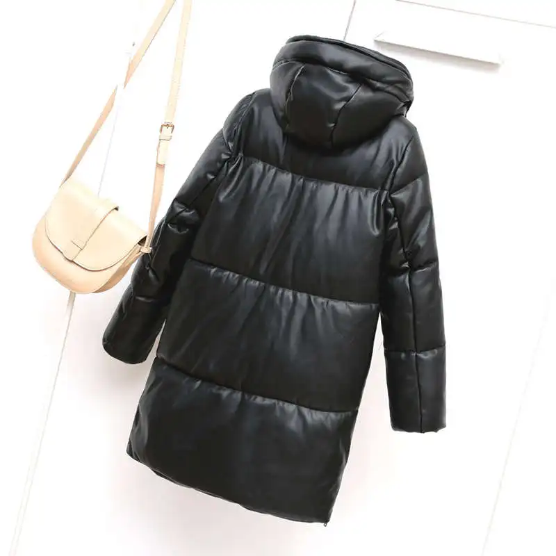 Women Fashion Black Warm Quilted Coats Cotton Padded Jackets Hooded Waterproof Faux PU Leather Long Winter Jacket Outwear Loose