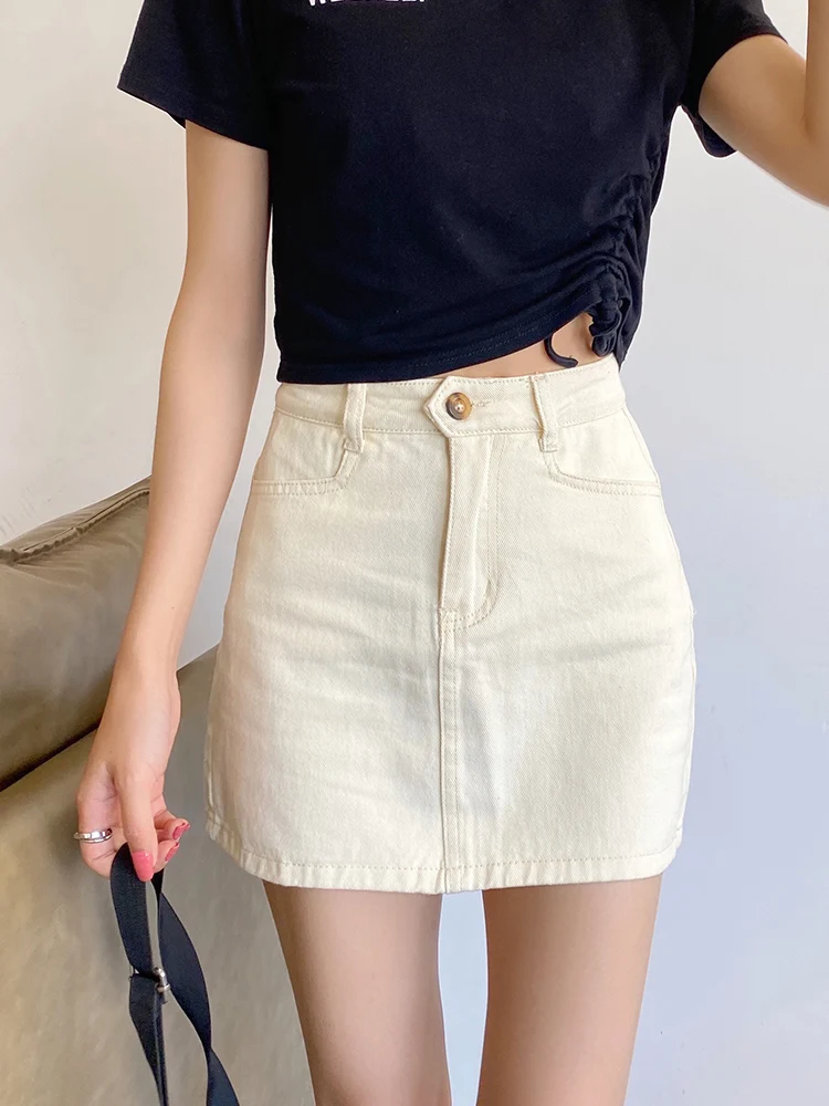 

Ailegogo New Spring Summer Women High Waist Slim Fit Denim Skirt Casual Female A-line Button Jeans Mini Skirts Bottoms