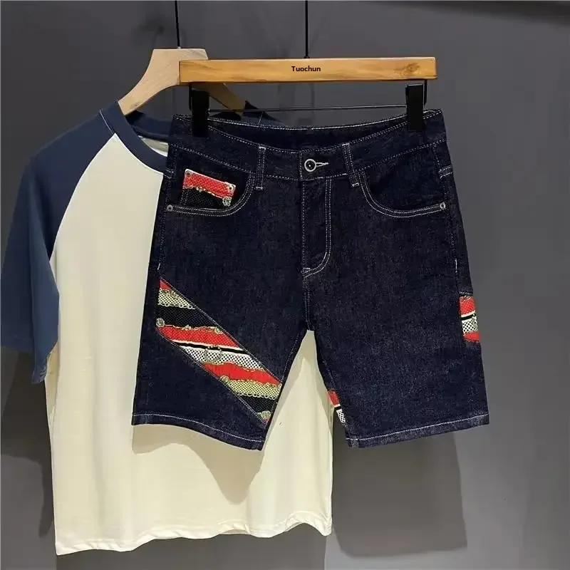 European American Summer Thin Denim Shorts For Men Color Blocking Splicing Trendy Flow Piece Pants Korean Version Mid