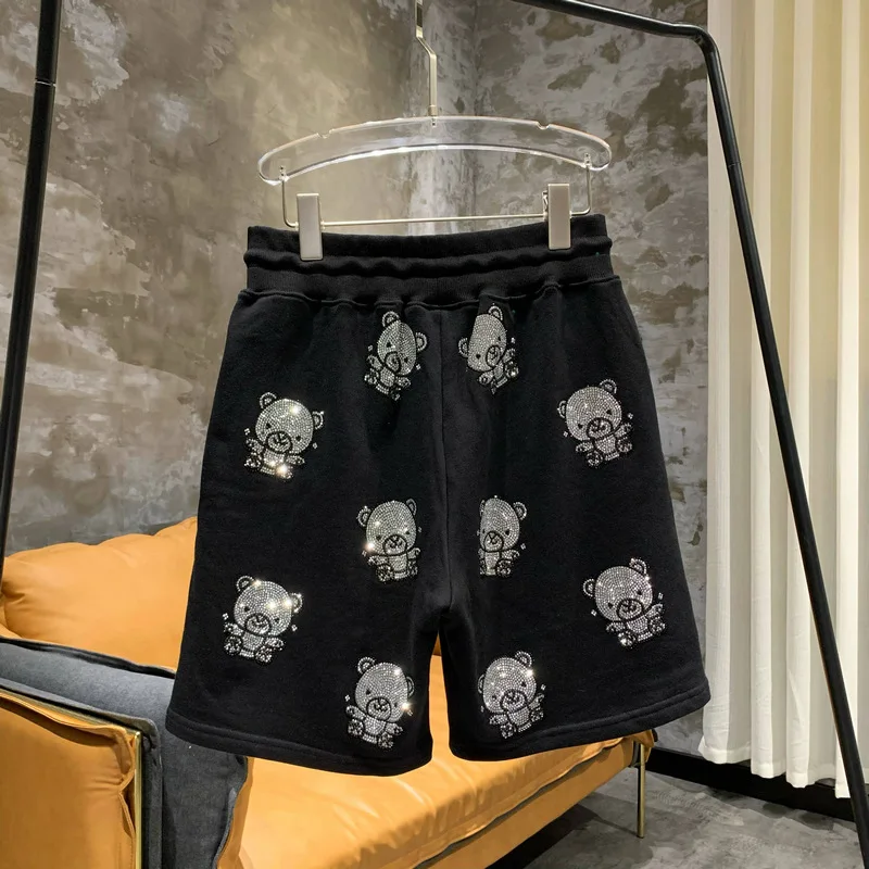 Heavy Embroidery Hot Drilling Casual Cartoon Bear Terry Cotton Half Pants Women's 2023 Summer Light Luxury Fashion Brand Shorts