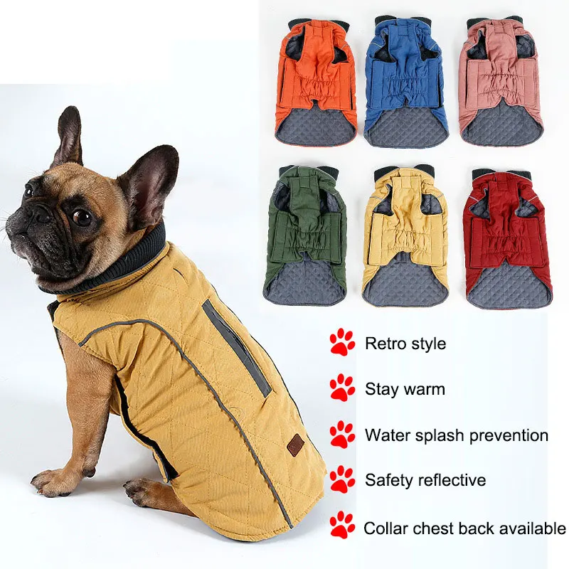 

Dog Winter Vest Retro Thickened Warm Reflective Dog Clothes Golden retriever Large Meduim Dog Jacket with Zipper for harness