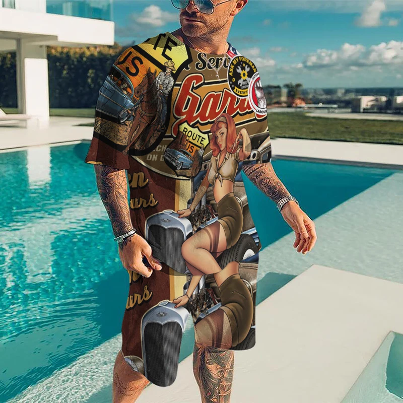 

Men's Summer Retro Racing Motorcycle T-Shirt 3D Printing 66 Short Sleeves + Shorts Jogging Sportswear Streetwear 2 Piece Set