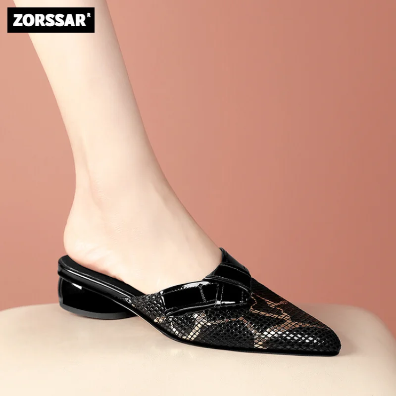 

2023 New Summer Women Sandals Concise Fashion Ladies Pointed toe Low heel Mules Shoes Genuine Leather Outdoors Slippers Woman