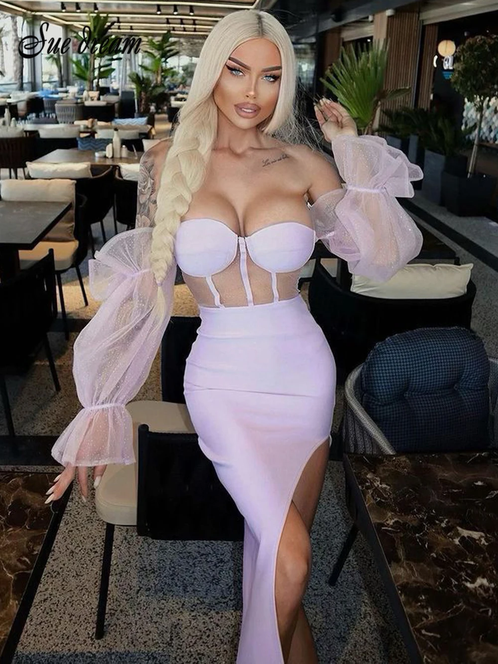 Сетчатые кружевные Фонари с длинным рукавом облегающее миди платье Для женщин