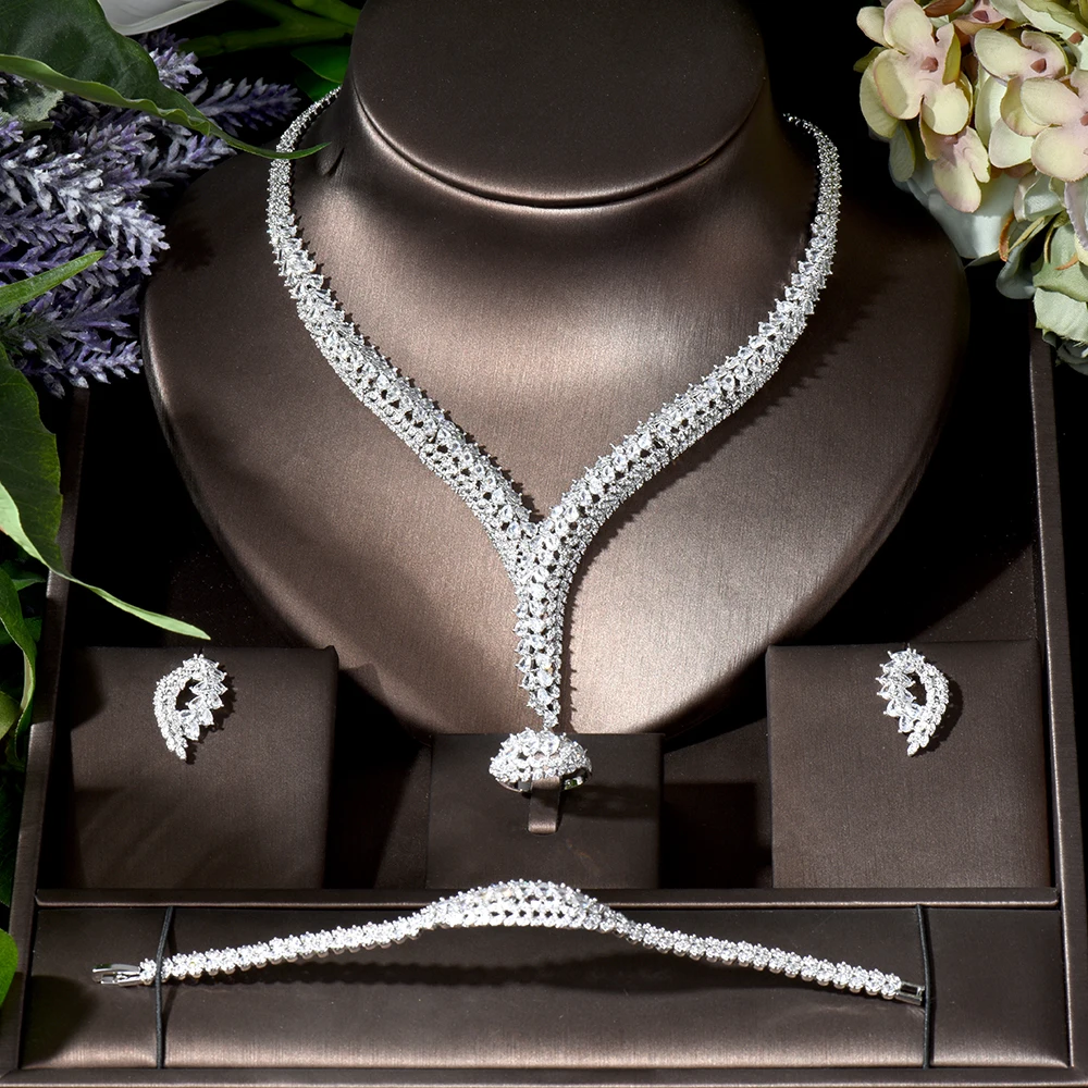 Fashion Charms 4PC Geometric Bracelet Ring Necklace Earring Set For Women Wedding Bridal Cubic Zircon Dubai Party Jewelry N-829
