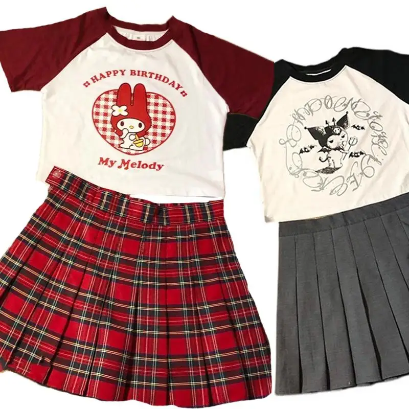 

2023 New Kawaii Girls Short Sleeve Anime Kuromi My Melody Cartoon All-Match Cotton T-Shirt Slim Fashion Women Shorts Tee Clothes