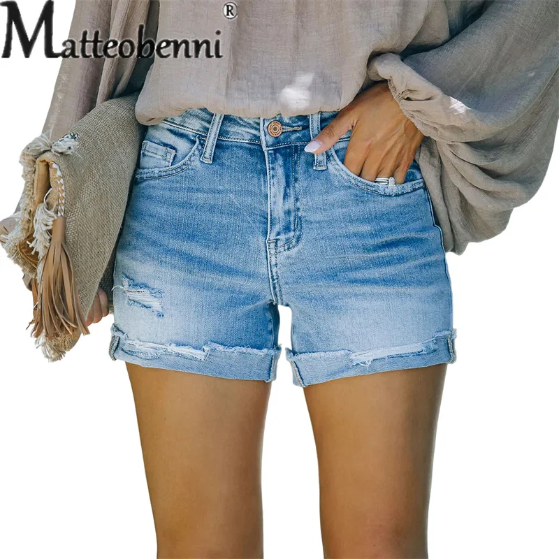Fashion Street Stretch Tight Denim Shorts Female Casual Light Blue Broken Holes Three Quarter Pants 2023 Summer Women's Clothing
