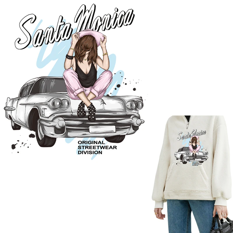 

TuQiang Pretty Girl&Car Iron on Transfer for T-shirt DIY Washable Thermal Sticker Fashion Design Patches Appliqued Decoration