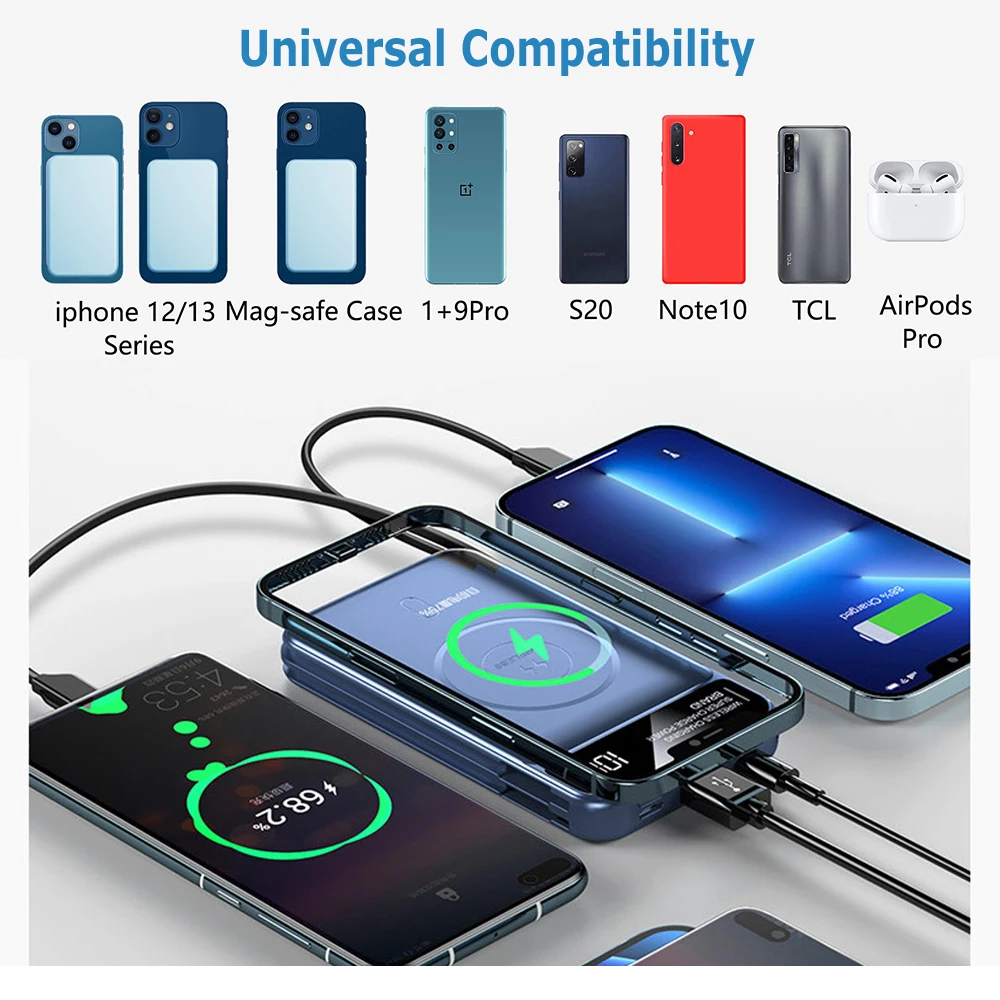 Фото 10000 мАч Магнитное зарядное устройство Power Bank Беспроводное зарядное устройство с кабелем для MagSafe iPhone 13 Pro Max 12 Samsung Внешняя вспомогательная ба... №5
