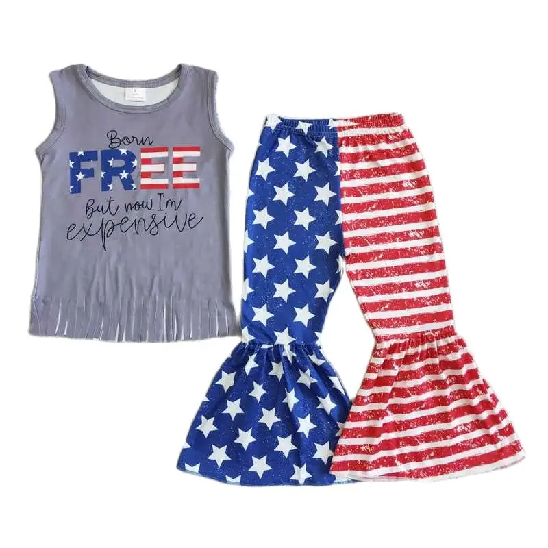 

Girls 4Th Of July Bell Bottoms USA Flag Pattern Patchwork Flare Pants Tank Tops 2Pcs Sets For Kids Toddler Girls Party Apparel